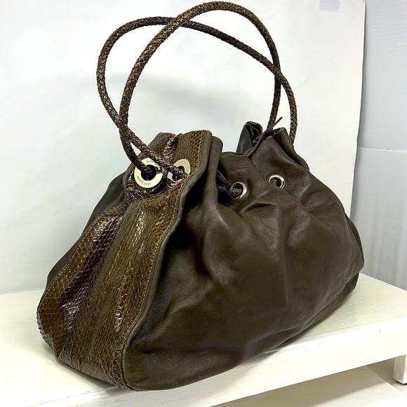 Kate Spade Olive Green Leather and Snakeskin Large Shoulder Bag
